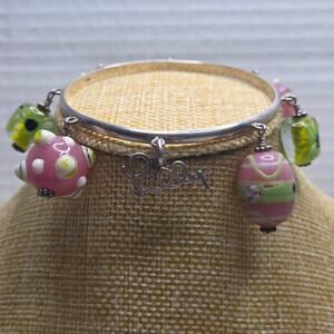 Vintage Lilly Pulitzer Sterling Silver Millefiori Lampwork 7 Glass Beads Bangle